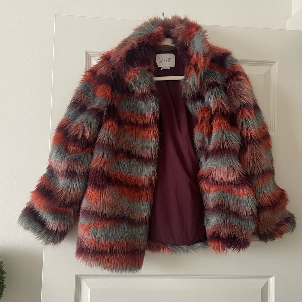 Saylor Faux Fur Striped Jacket - Red and Gray